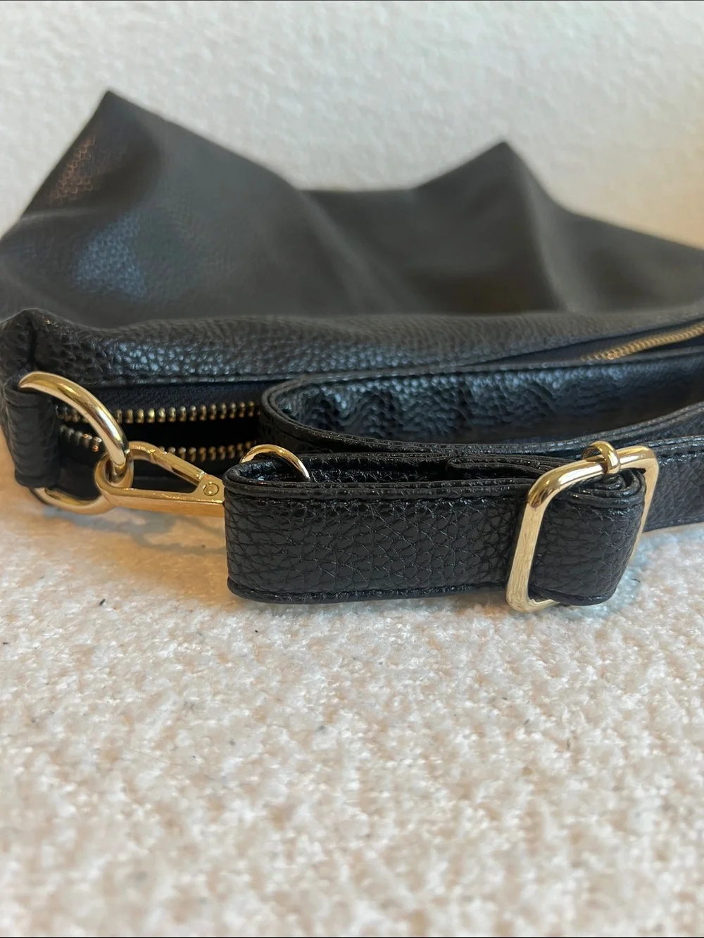 BCBG Pebbled Black Leather Crossbody with Gold Plaque Adjustable Strap Purse